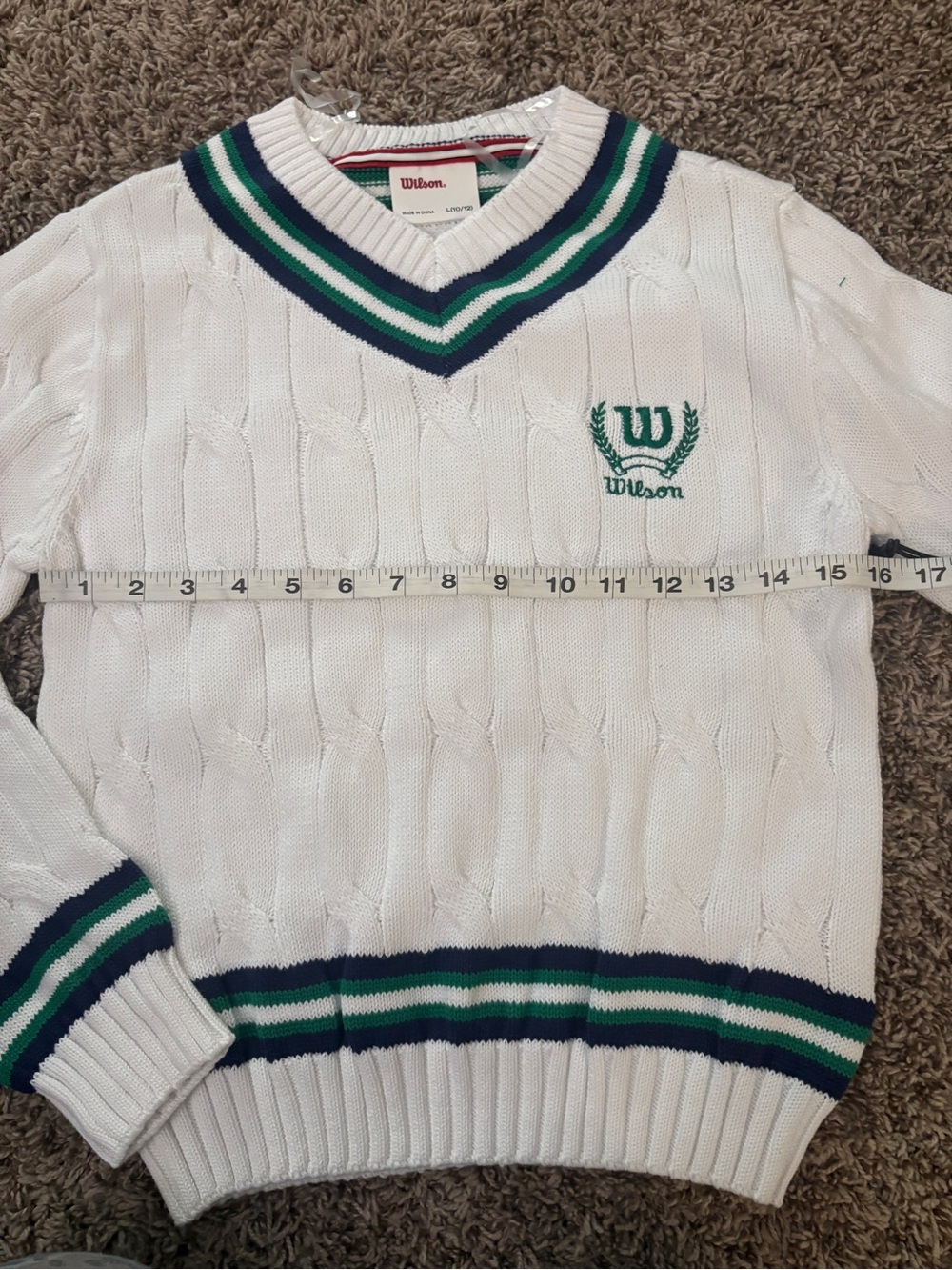 Wilson White Cable Knit V‑Neck Sweater with Green & Navy Stripes - Picture 8 of 10